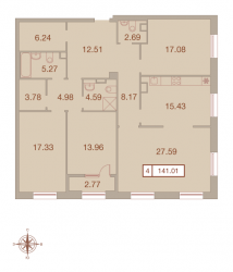 Четырёхкомнатная квартира 141.01 м²