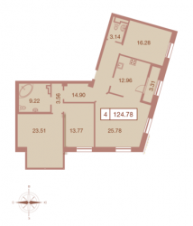 Четырёхкомнатная квартира 124.78 м²