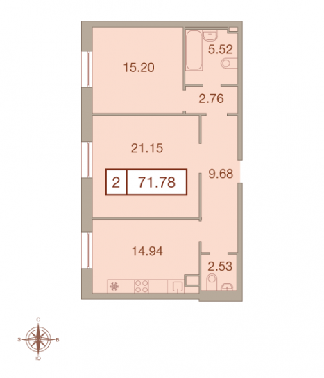 Двухкомнатная квартира 71.78 м²