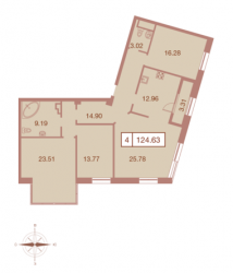 Четырёхкомнатная квартира 124.63 м²