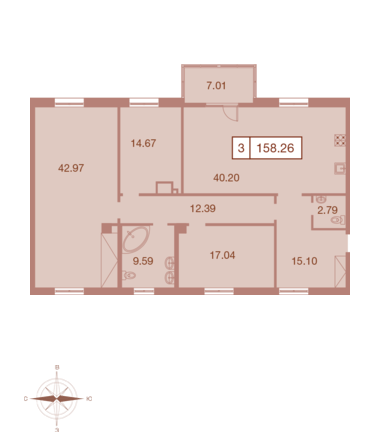 Трёхкомнатная квартира 158.26 м²