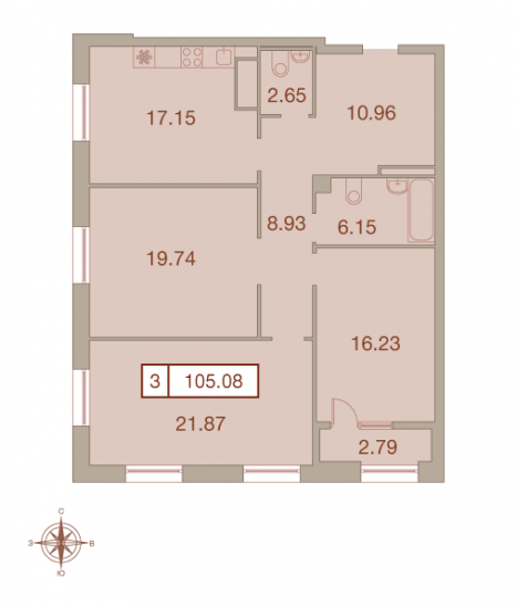 Трёхкомнатная квартира 105.08 м²