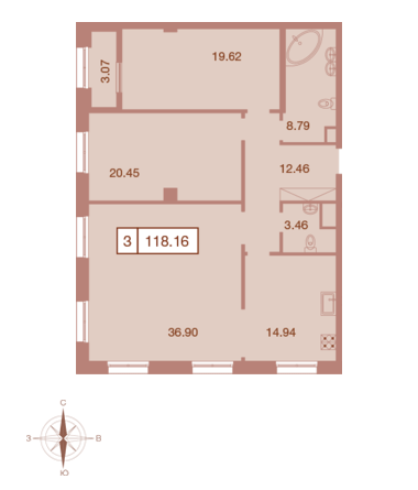 Трёхкомнатная квартира 118.16 м²