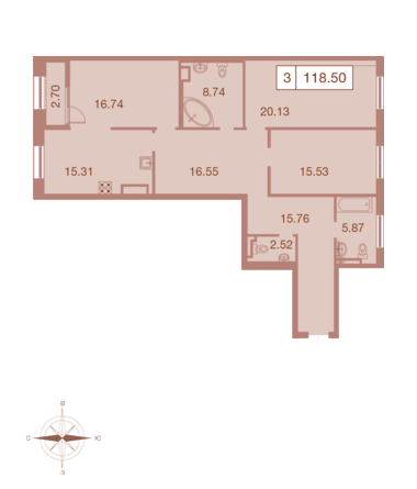Трёхкомнатная квартира 118.5 м²