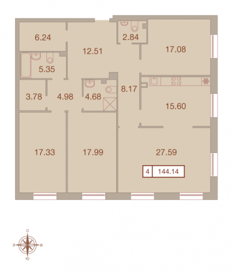 Четырёхкомнатная квартира 144.14 м²