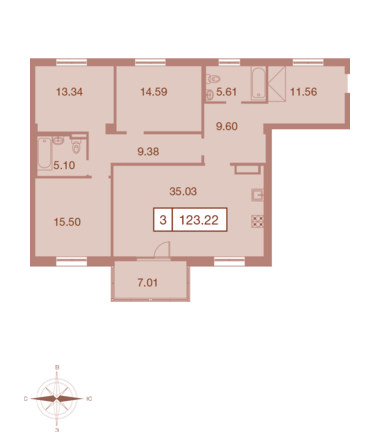 Трёхкомнатная квартира 123.22 м²