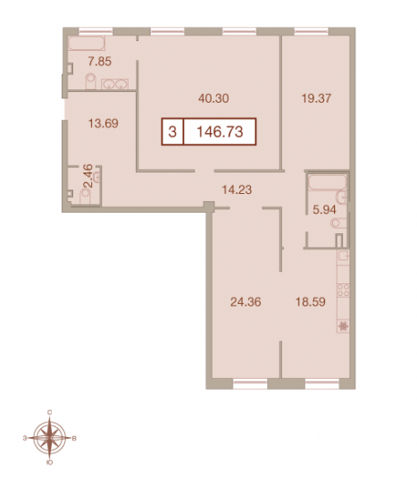 Трёхкомнатная квартира 146.73 м²
