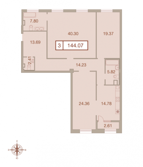 Трёхкомнатная квартира 144.07 м²