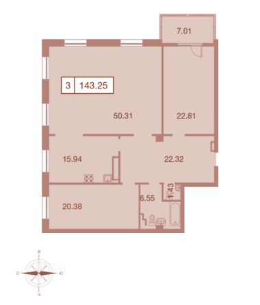 Трёхкомнатная квартира 143.25 м²