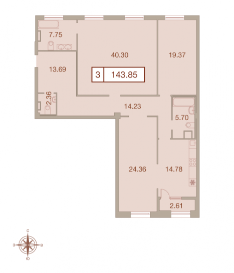 Трёхкомнатная квартира 143.85 м²