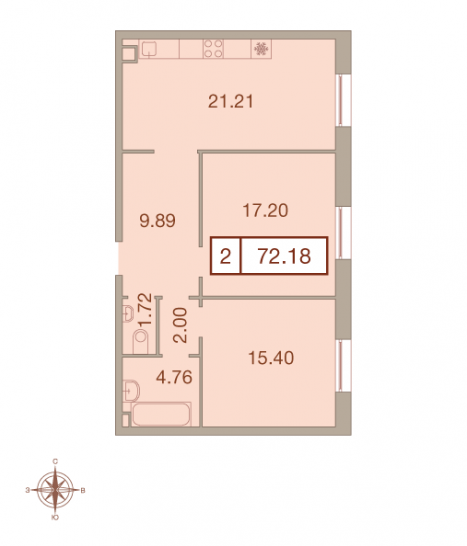 Двухкомнатная квартира 72.18 м²