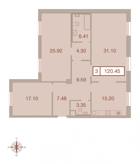 Трёхкомнатная квартира 120.45 м²