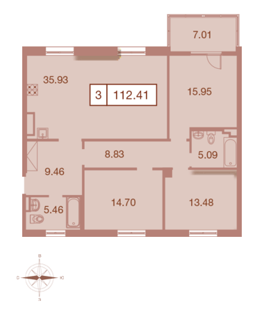 Трёхкомнатная квартира 112.41 м²