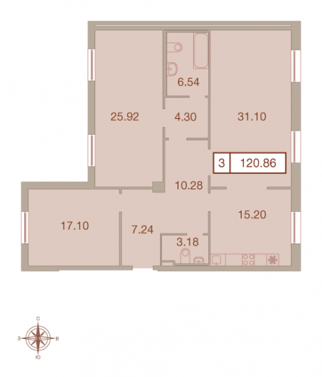 Трёхкомнатная квартира 120.86 м²