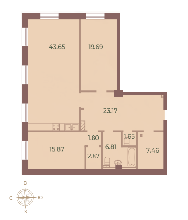 Двухкомнатная квартира 122.97 м²