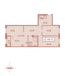 Трёхкомнатная квартира 106.72 м²