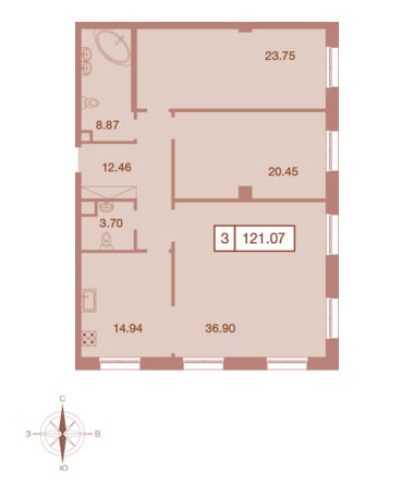 Трёхкомнатная квартира 121.07 м²