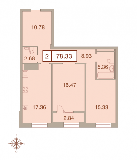 Двухкомнатная квартира 78.33 м²