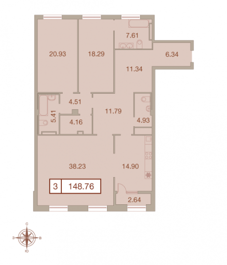 Трёхкомнатная квартира 148.76 м²