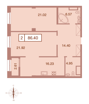 Двухкомнатная квартира 86.4 м²
