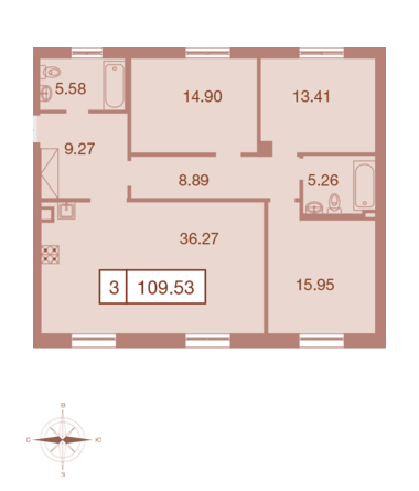 Трёхкомнатная квартира 109.53 м²