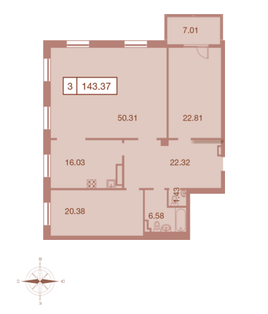 Трёхкомнатная квартира 143.37 м²