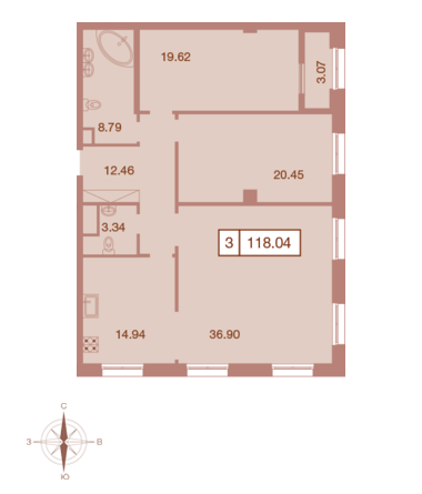 Трёхкомнатная квартира 118.04 м²