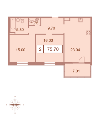 Двухкомнатная квартира 75.7 м²