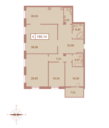 Четырёхкомнатная квартира 180.14 м²
