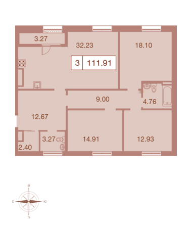 Трёхкомнатная квартира 111.91 м²