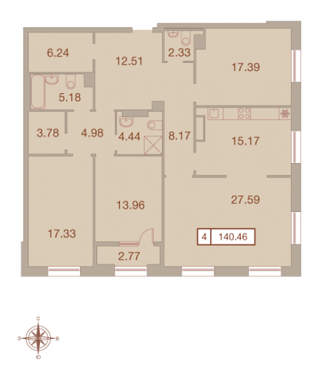 Четырёхкомнатная квартира 140.46 м²