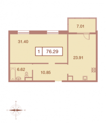 Однокомнатная квартира 76.29 м²
