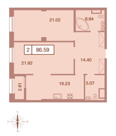 Двухкомнатная квартира 86.59 м²