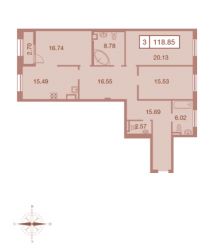 Трёхкомнатная квартира 118.85 м²