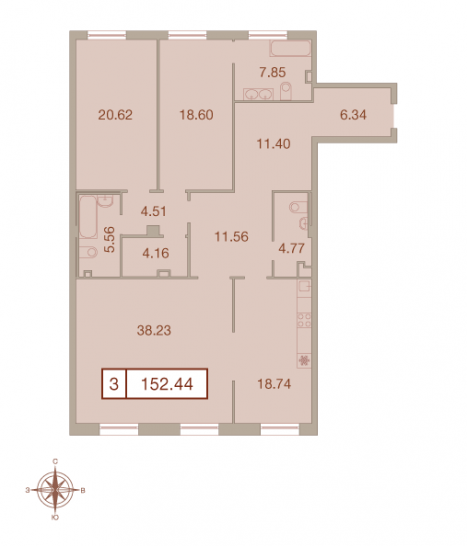 Трёхкомнатная квартира 152.44 м²