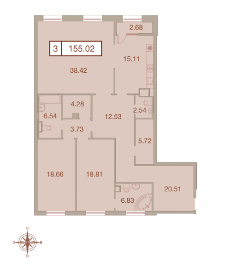 Трёхкомнатная квартира 155.02 м²