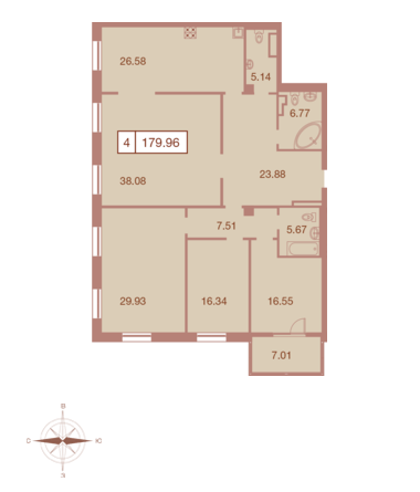 Четырёхкомнатная квартира 179.96 м²