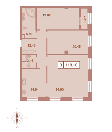 Трёхкомнатная квартира 118.16 м²
