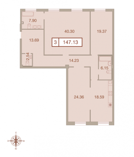 Трёхкомнатная квартира 147.13 м²