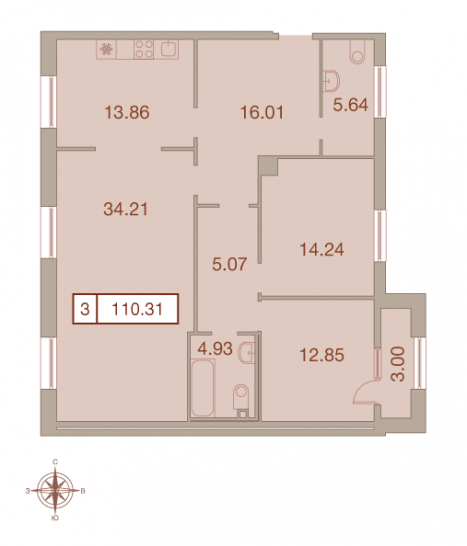 Трёхкомнатная квартира 110.31 м²