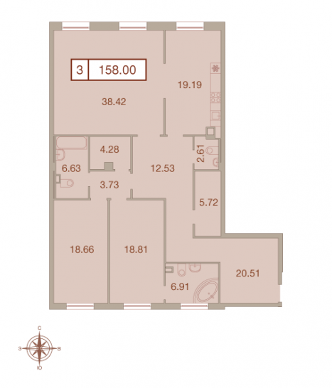 Трёхкомнатная квартира 158 м²