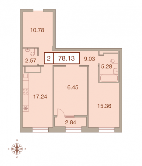 Двухкомнатная квартира 78.13 м²