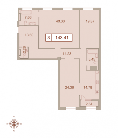 Трёхкомнатная квартира 143.41 м²