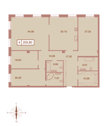 Четырёхкомнатная квартира 203.8 м²