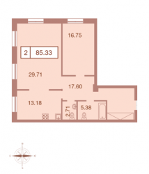 Двухкомнатная квартира 85.33 м²