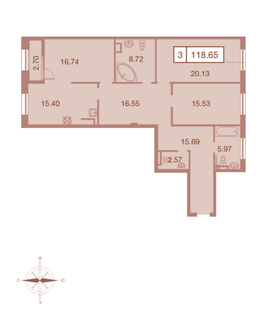 Трёхкомнатная квартира 118.65 м²