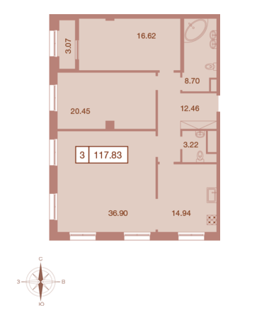 Трёхкомнатная квартира 117.83 м²
