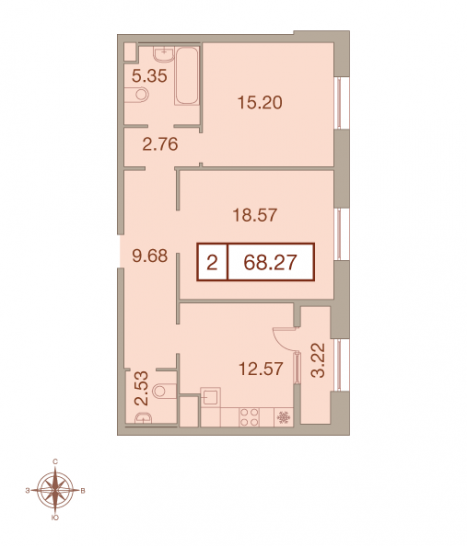 Двухкомнатная квартира 68.27 м²