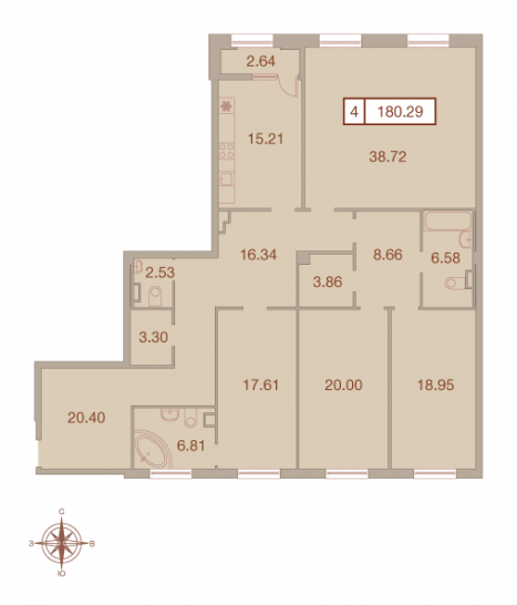 Четырёхкомнатная квартира 180.29 м²