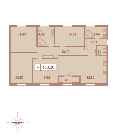 Четырёхкомнатная квартира 150.28 м²